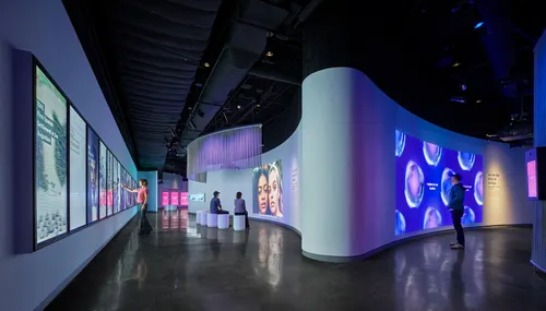 a museum with various interactive and static audiovisual heavy exhibits being viewed and interacted with by museum patrons.