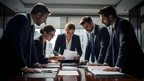 a team of business professionals collaborates around a conference table reviewing documents photo