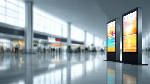 modern digital signage displays in bright airport terminal showcasing vacation and tourism advertising high resolution commercial stock photo