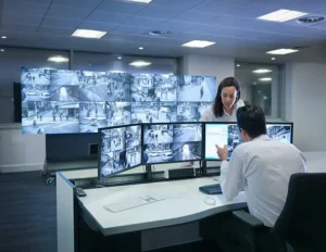 security guards working at cctv screens in control room